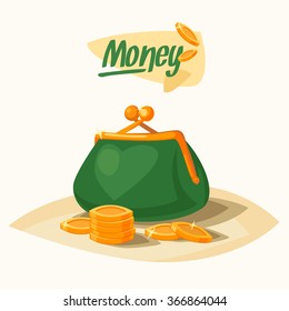 Wallet and coins in cartoon style. Vector illustration on white background.