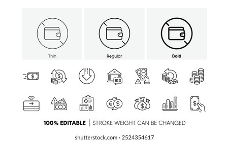 Ícones de Carteira, Moedas e Linha de pagamento sem contato. Pack of Money transfer, Cash back, ícone Mudar dinheiro. Suborno, investimento Cheque, pictograma gráfico. Relatório, Oferta, Seta de download. Fraude. Vetor