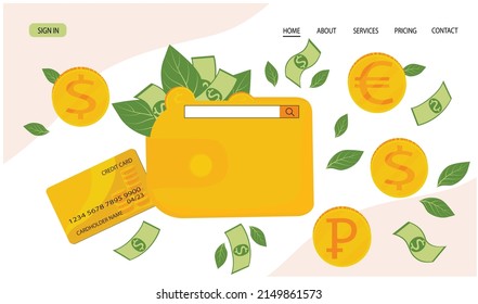 A wallet with coins from different countries. The concept of currency exchange. Finance. Euros, dollars, Russian rubles. Vector stock illustration for banner, power, website.