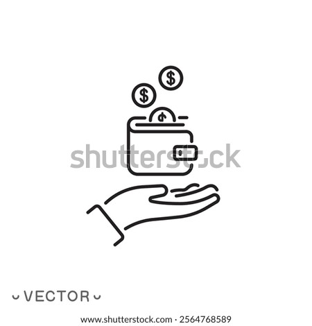 wallet with coins in the hand icon, save money, finance income, transfer, deposit or payment, price and cash back, cost refund, thin line symbol concept, editable stroke eps 10 vector illustration