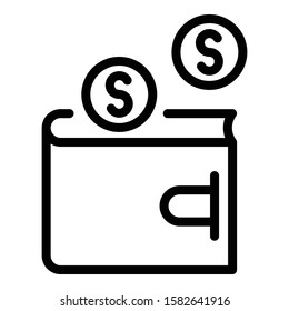 Wallet and coins icon. Outline wallet and coins vector icon for web design isolated on white background