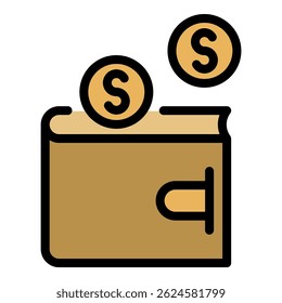 Ícone de carteira e moedas. Contornar wallet e moedas ícone de vetor cor plana isolada