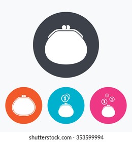 Wallet with coins icons. Cash bag signs. Retro wealth symbol. Circle flat buttons with icon.