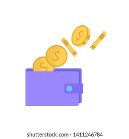 Wallet with coins, isolated vector illustration in flat style, icon for investment, savings, bank, finance, money.