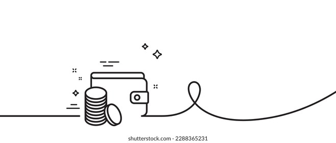 Wallet with Coins line icon. Continuous one line with curl. Cash money sign. Payment method symbol. Payment method single outline ribbon. Loop curve pattern. Vector