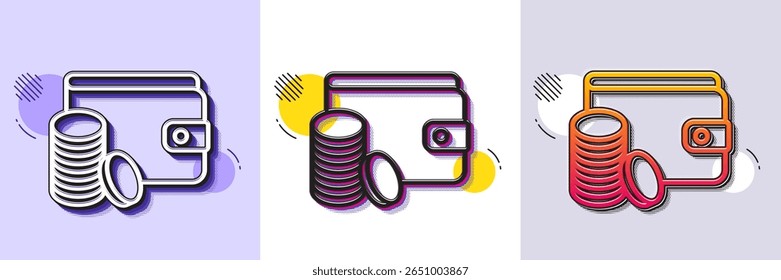 Wallet com ícone de linha Moedas. Padrão pontilhado de meio-tom. Ícone de gradiente com sombra de grão. Sinal de dinheiro em dinheiro. Símbolo do método de pagamento. Ícone do método de pagamento da linha. Vários desenhos. Vetor