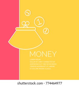 Wallet and coins in a linear style. Vector illustration on a yellow background.