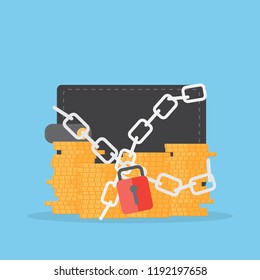 Wallet and coins with lock. Business elements. Vector illustration. Concept for financial growth.