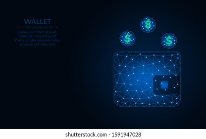 Wallet with coins low poly design, save money wireframe mesh polygonal vector illustration made from points and lines on dark blue background