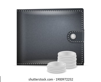 Cartera y monedas de fondo blanco.