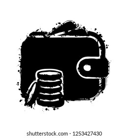 Wallet and coins, Purse with money. Black ink with splashes on white background