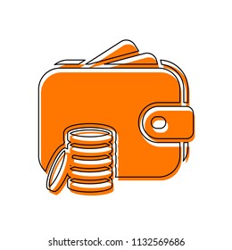 Wallet and coins, Purse with money. Isolated icon consisting of black thin contour and orange moved filling on different layers. White background