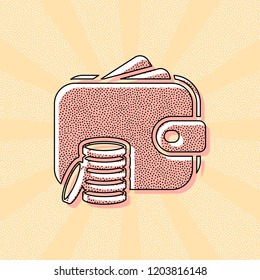 Wallet and coins, Purse with money. Vintage retro typography with offset printing effect. Dots poster with comics pop art background