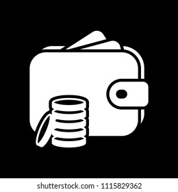 Wallet and coins, Purse with money. White icon on black background. Inversion