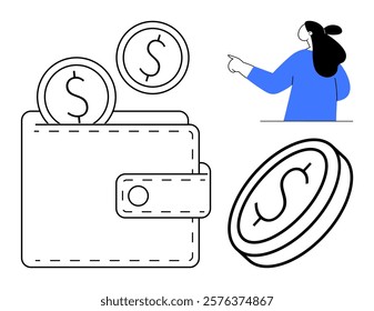 Wallet with coins symbolizes money management. Woman in blue points towards the wallet. Ideal for finance, budgeting, saving, investments, economic education. Minimalist lines, vector graphic, modern