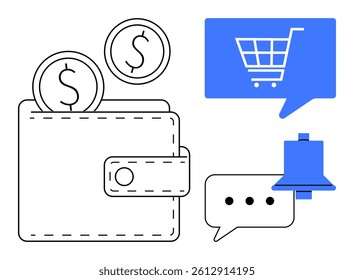 Wallet with coins symbolizing money management, blue shopping cart in a speech bubble for online shopping, chat bubble representing communication, notification bell. Ideal for finance, e-commerce - Powered by Shutterstock - Get 15% off with code: PIKWIZARD15
