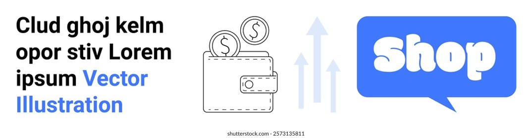 Wallet with coins and upward arrows signifying growth. Blue shop button and placeholder text. Ideal for finance, e-commerce, online shopping, business growth, marketing. Banner for landing page