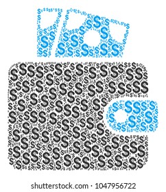 Wallet composition of dollar symbols. Vector dollar currency symbols are organized into wallet collage.