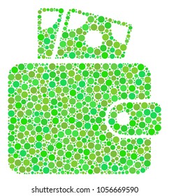 Wallet composition of filled circles in various sizes and green color tints. Vector dots are organized into wallet illustration. Freshness vector illustration.