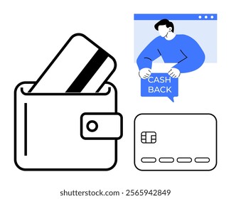 Wallet containing a credit card and a man holding Cash Back text. Ideal for financial services, payment solutions, rewards programs, online shopping, and digital transactions. Simple and clean style