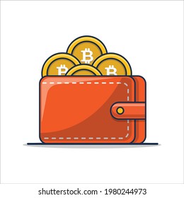 Wallet containing money with crypto currency bitcoin icon illustration