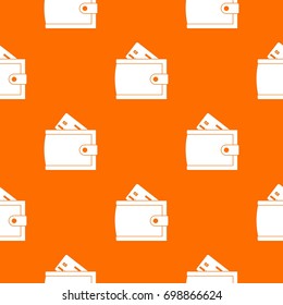 Wallet with credit card and cash pattern repeat seamless in orange color for any design. Vector geometric illustration