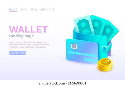 Wallet Credit card cash pay, bank purchase payment. landing page banner. Vector illustration