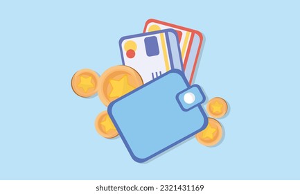 Wallet with Credit card and coin. Business financial investment. Money saving concept. Online payment. Cash and cashless. Buy and pay.vector on blue background