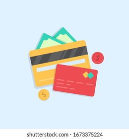 wallet, credit card, green banknotes, coins. Concept of paying for purchases or services. Flat modern style. Vector illustration.