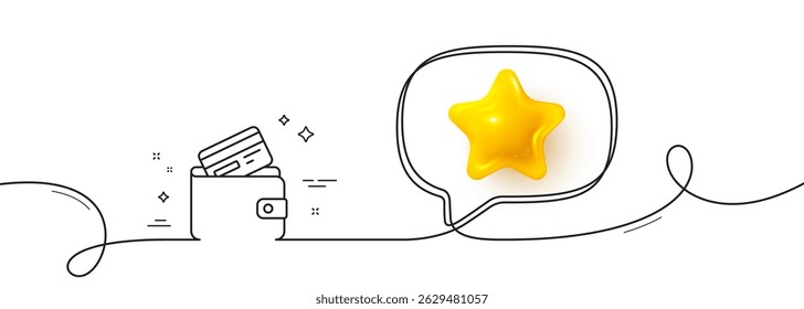 Wallet com ícone Linha de cartão de crédito. Linha contínua com estrela 3d. Sinal de dinheiro em dinheiro. Símbolo do método de pagamento. Estrela 3d no balão de fala. Faixa de opções de linha única de cartão de débito. Padrão de curva de loop. Vetor
