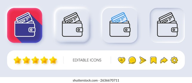 Wallet with Credit card line icon. Neumorphic, Flat shadow, 3d buttons. Cash money sign. Payment method symbol. Line debit card icon. Social media icons. Vector