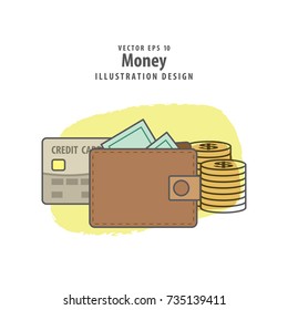 Wallet, Credit Card And Money Illustration Vector Background. Travel Concept.