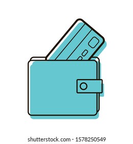 Wallet with credit card. Payment for goods. Shopping at the store. Cashless payments. Design element. Visit cards for business partners. Vector illustration. Icon isolated on white background.