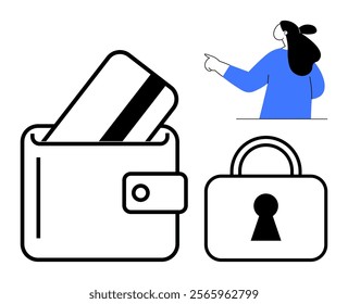 Wallet with credit card, security lock icon, and a woman pointing right. Ideal for digital payments, online security, fintech solutions, modern banking, and financial technology. Minimalist vector