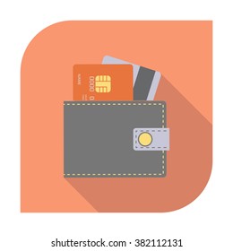 Wallet with credit cards inside icon. Modern flat icon with long shadow effect in stylish colors. Isolated on white background.