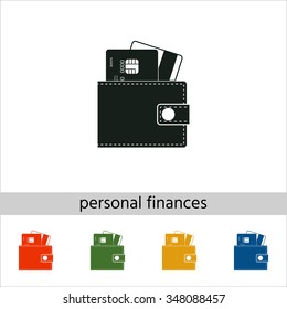 Wallet with credit cards inside. Set of varicolored icons.