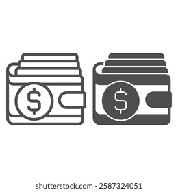 Wallet with credit cards line and solid icon, bant account concept. Vector graphics. Money purse with dollar coin sign on white background, outline style icon for mobile or web design