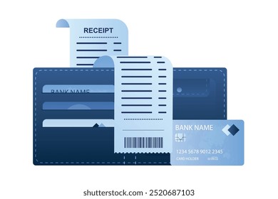 Billetera, tarjetas de crédito y factura del Comprobante, concepto de pago de compra. Finanzas del hogar, presupuesto. Proceso de compras. diseño aislado sobre fondo blanco, Ilustración vectorial de estilo de moda