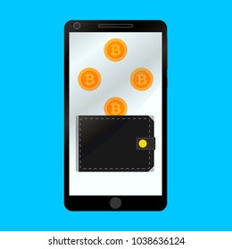 Wallet for crypto bitcoin in smartphone isolated flat. Personal wallet bitcoin on phone, vector technology currency illustration