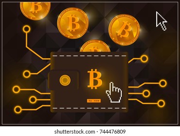 Wallet with crypto currency bitcoins on a black background