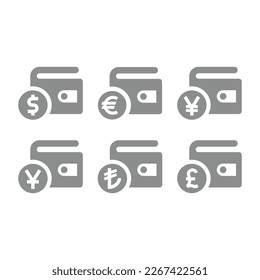 Vektorsymbol für Brieftasche und Währung. Symbole in Dollar, Euro, britischen Pfund-Währungen.