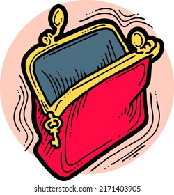 Wallet for currency money. Empty inside open purse. Finance, business and commercial theme element. Wealth symbol.  Hand drawn retro vintage vector illustration. Comic cartoon style line drawing