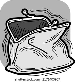 Wallet for currency money. Empty inside open purse. Finance, business and commercial theme element. Wealth symbol.  Hand drawn monochrome vector illustration. Cartoon retro style line drawing