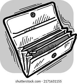 Wallet for currency money. Empty inside open purse. Finance, business and commercial theme element. Wealth symbol.  Hand drawn monochrome vector illustration. Cartoon retro style line drawing