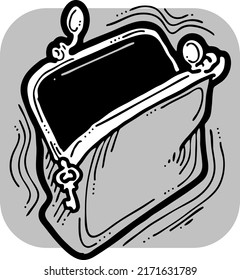 Wallet for currency money. Empty inside open purse. Finance, business and commercial theme element. Wealth symbol.  Hand drawn monochrome vector illustration. Cartoon retro style line drawing