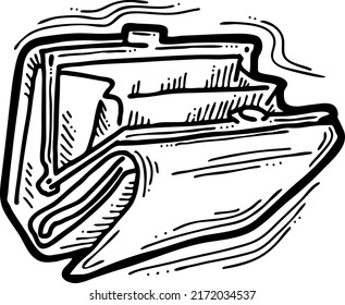Wallet for currency money. Empty inside open purse. Finance, business and commercial theme element. Wealth symbol.  Hand drawn vector illustration. Cartoon retro style line art drawing