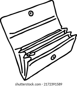 Billetera por dinero en moneda. Vaciado dentro del bolso abierto. El tema financiero, comercial y comercial. Símbolo de riqueza.  Ilustración vectorial dibujada a mano. Dibujo de líneas simples con estilo retro