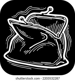 Wallet for currency money. Empty inside open purse. Finance, business and commercial theme element. Wealth symbol.  Hand drawn vector illustration. Cartoon chalkboard style white line art drawing.