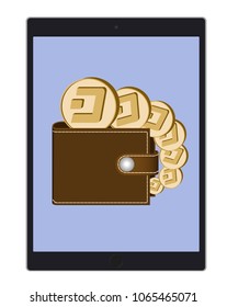 wallet with dash coins on a tablet screen on  white background , crypto currency coins in the wallet, color design concept