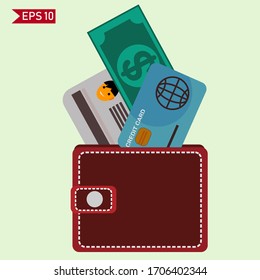 wallet design, identification cards, money and credit cards. illustration of wallet, identity card, money and credit card in cartoon style.